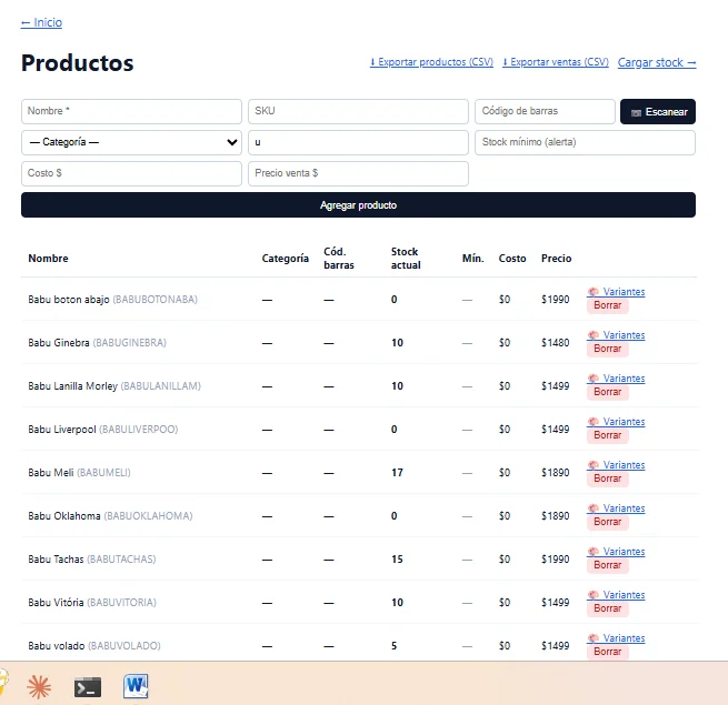 Pantalla real de productos y stock de MT Stock