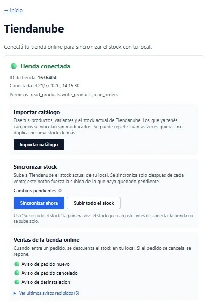 Pantalla real de integración de MT Stock con Tiendanube